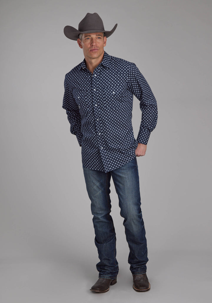 MENS NAVY AND WHITE SQUARES LONG SLEEVE SNAP WESTERN SHIRT