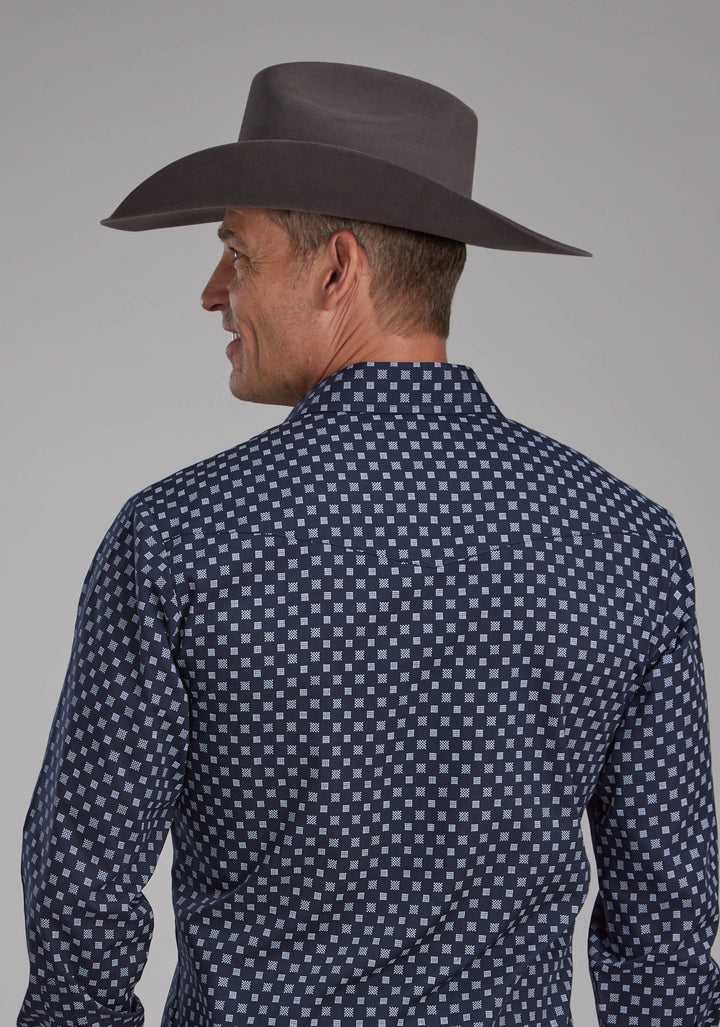 MENS NAVY AND WHITE SQUARES LONG SLEEVE SNAP WESTERN SHIRT