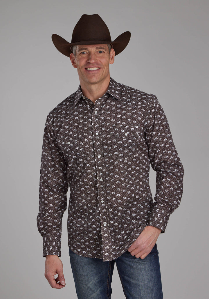 MENS BROWN AND CREAM FLORAL LONG SLEEVE SNAP WESTERN SHIRT