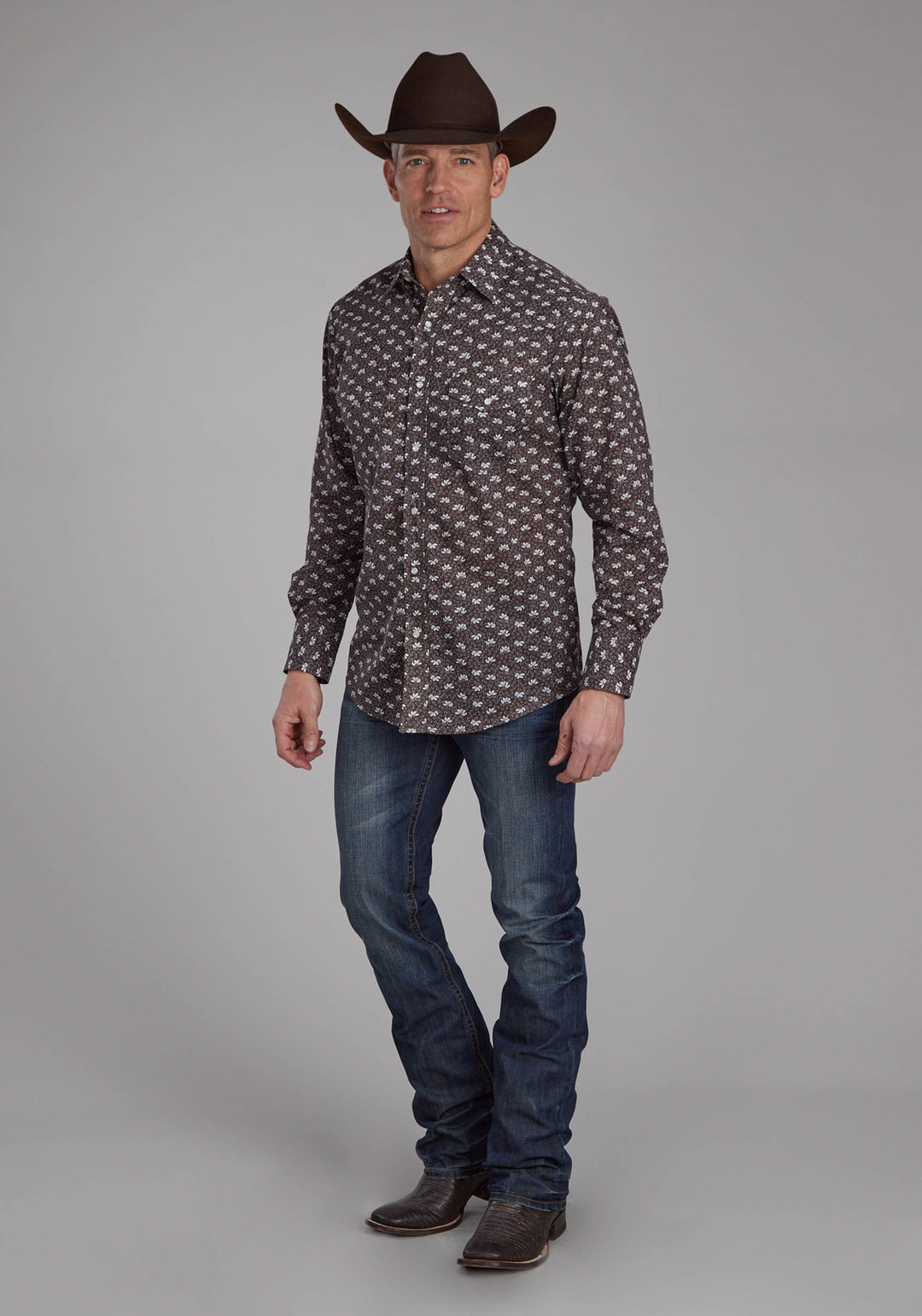 MENS BROWN AND CREAM FLORAL LONG SLEEVE SNAP WESTERN SHIRT