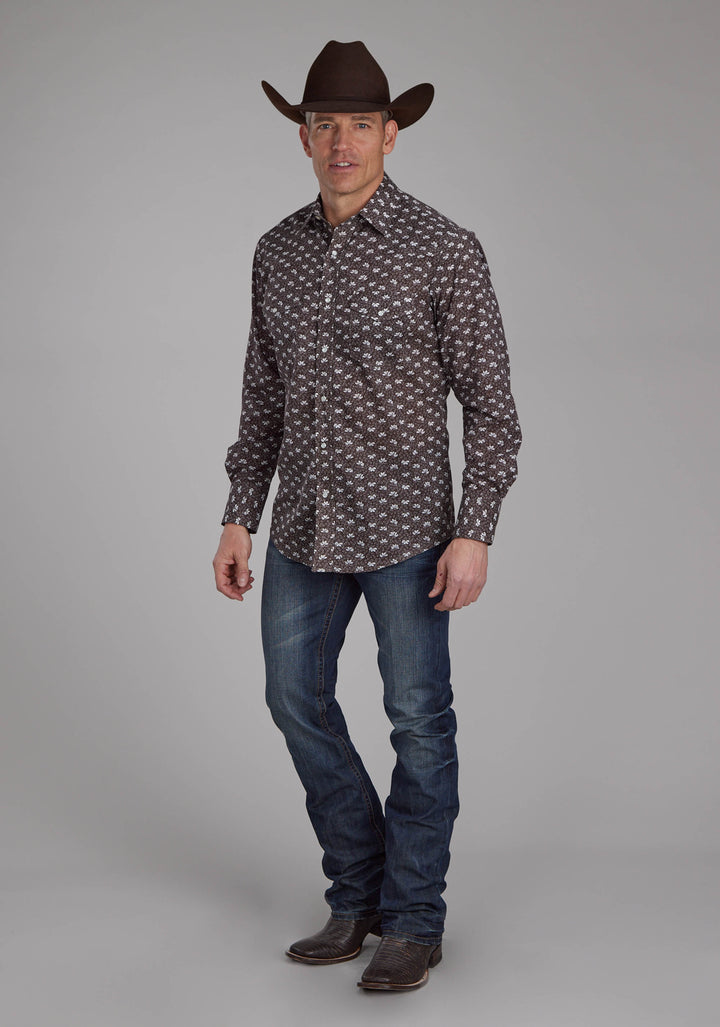 MENS BROWN AND CREAM FLORAL LONG SLEEVE SNAP WESTERN SHIRT
