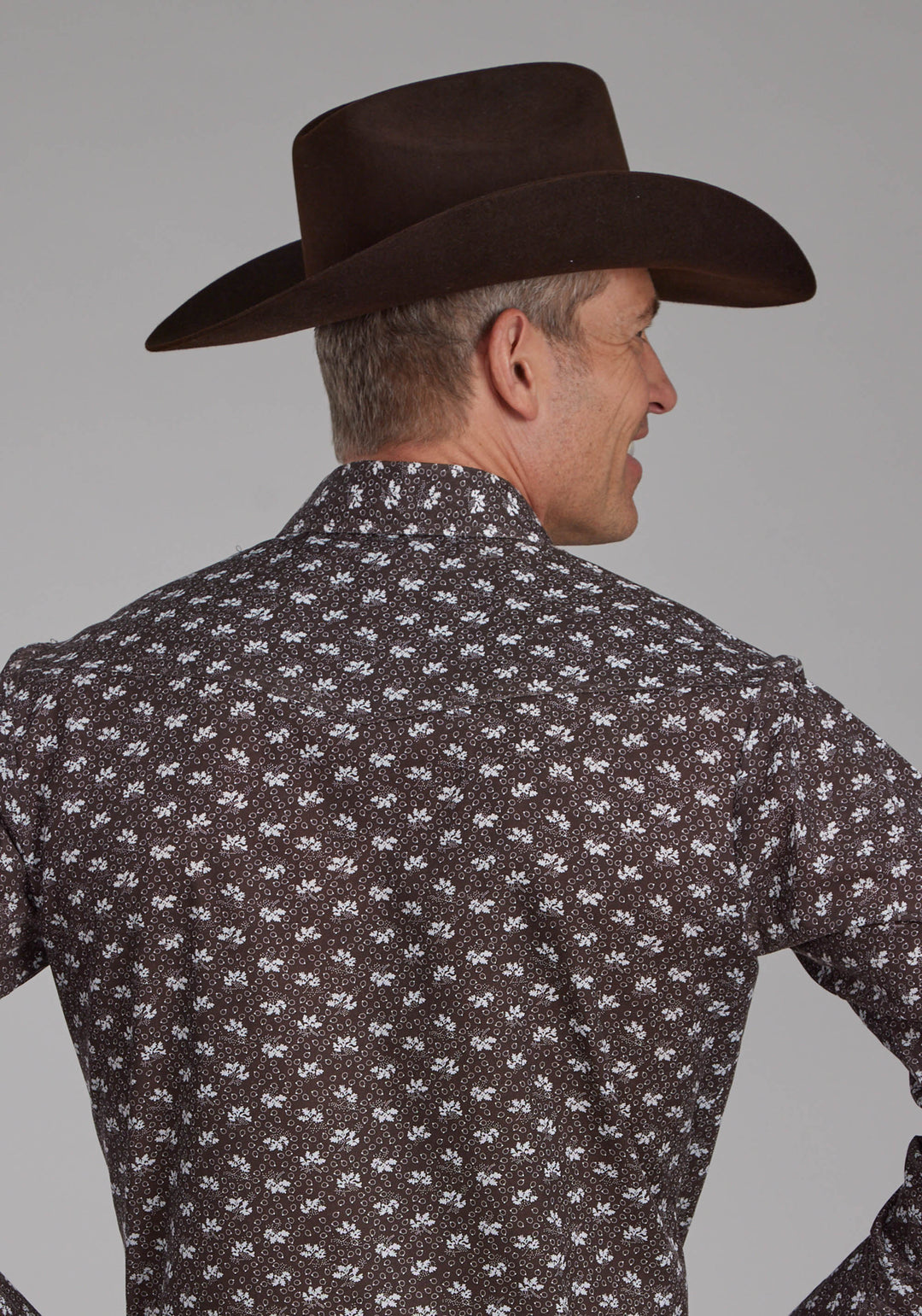 MENS BROWN AND CREAM FLORAL LONG SLEEVE SNAP WESTERN SHIRT