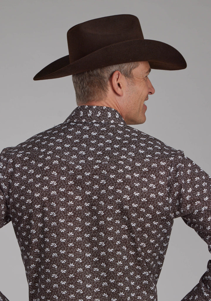 MENS BROWN AND CREAM FLORAL LONG SLEEVE SNAP WESTERN SHIRT