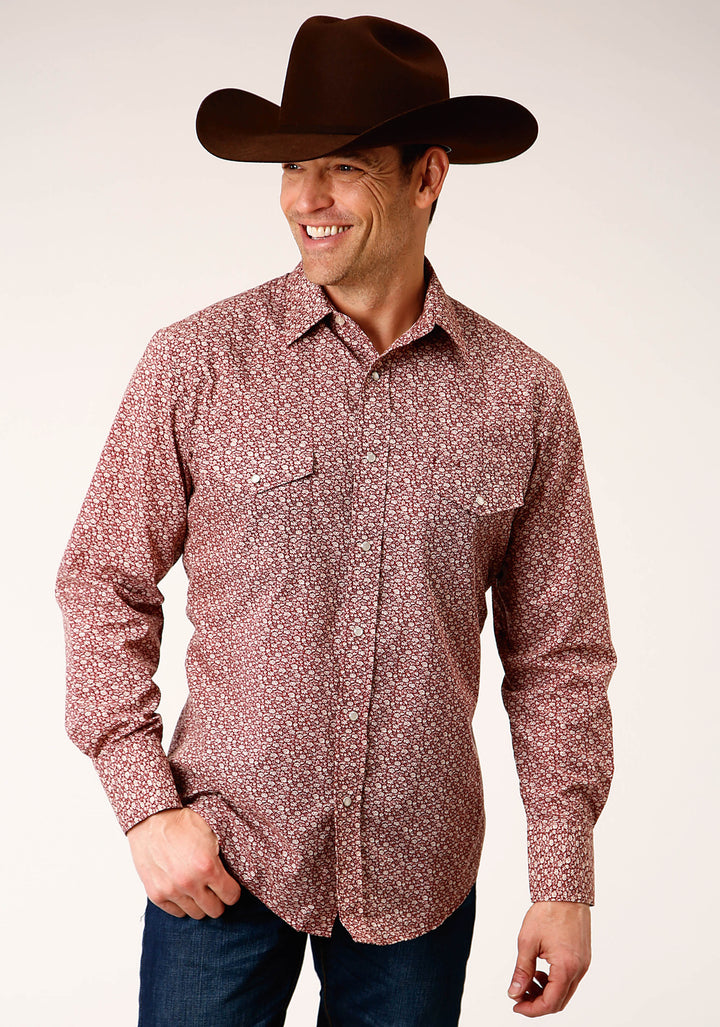 MENS LONG SLEEVE SNAP RED AND CREAM VINTAGE FLORAL PRINT WESTERN SHIRT