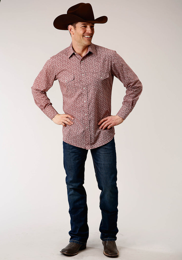 MENS LONG SLEEVE SNAP RED AND CREAM VINTAGE FLORAL PRINT WESTERN SHIRT