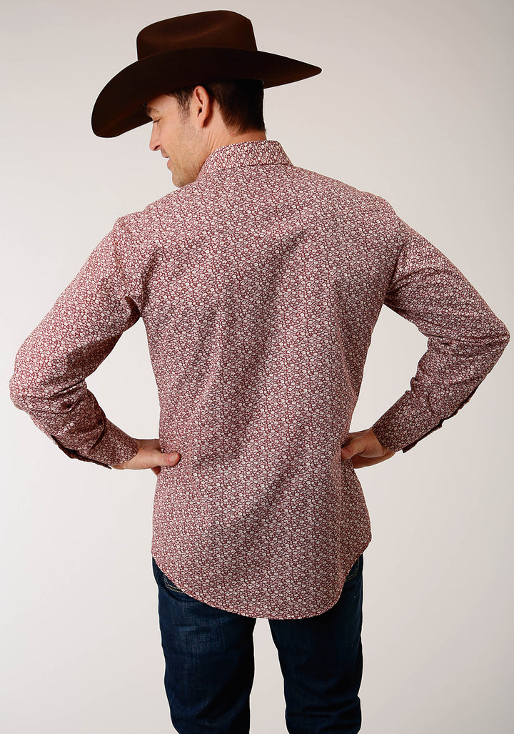 MENS LONG SLEEVE SNAP RED AND CREAM VINTAGE FLORAL PRINT WESTERN SHIRT