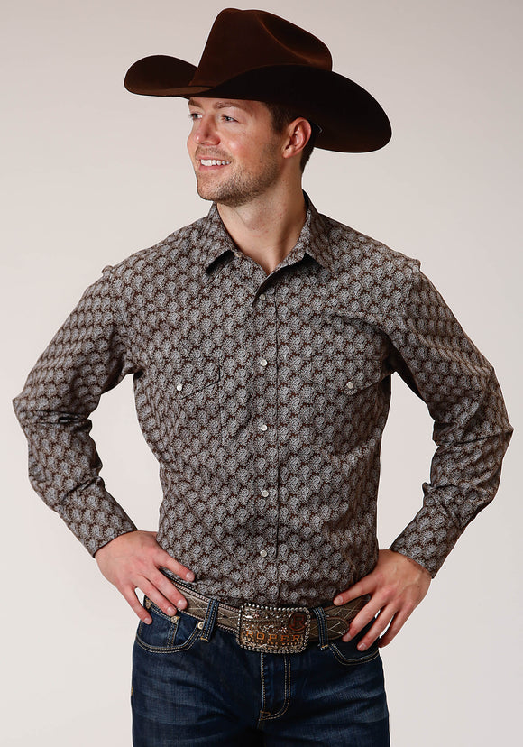 MENS LONG SLEEVE SNAP CHOCOLATE AND CREAM TEAR DROP PRINT WESTERN SHIRT