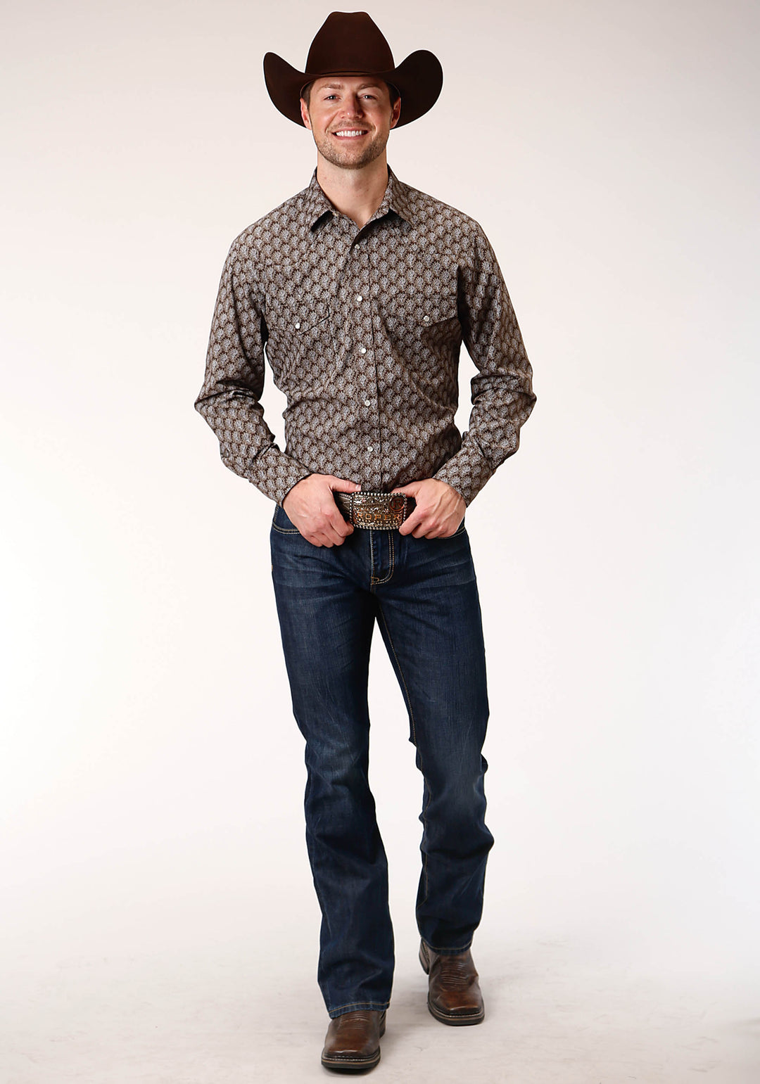 MENS LONG SLEEVE SNAP CHOCOLATE AND CREAM TEAR DROP PRINT WESTERN SHIRT