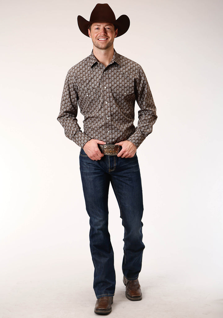 MENS LONG SLEEVE SNAP CHOCOLATE AND CREAM TEAR DROP PRINT WESTERN SHIRT
