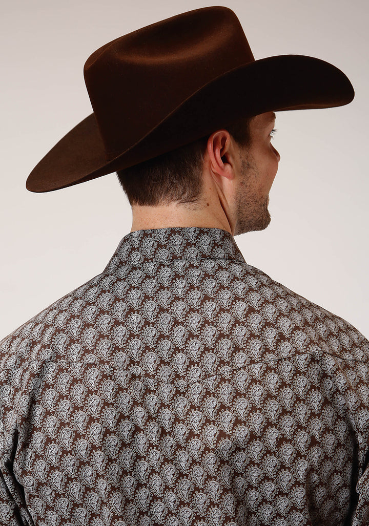 MENS LONG SLEEVE SNAP CHOCOLATE AND CREAM TEAR DROP PRINT WESTERN SHIRT