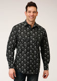 MENS LONG SLEEVE SNAP BLACK AND CREAM FLORAL PRINT WESTERN SHIRT