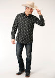 MENS LONG SLEEVE SNAP BLACK AND CREAM FLORAL PRINT WESTERN SHIRT