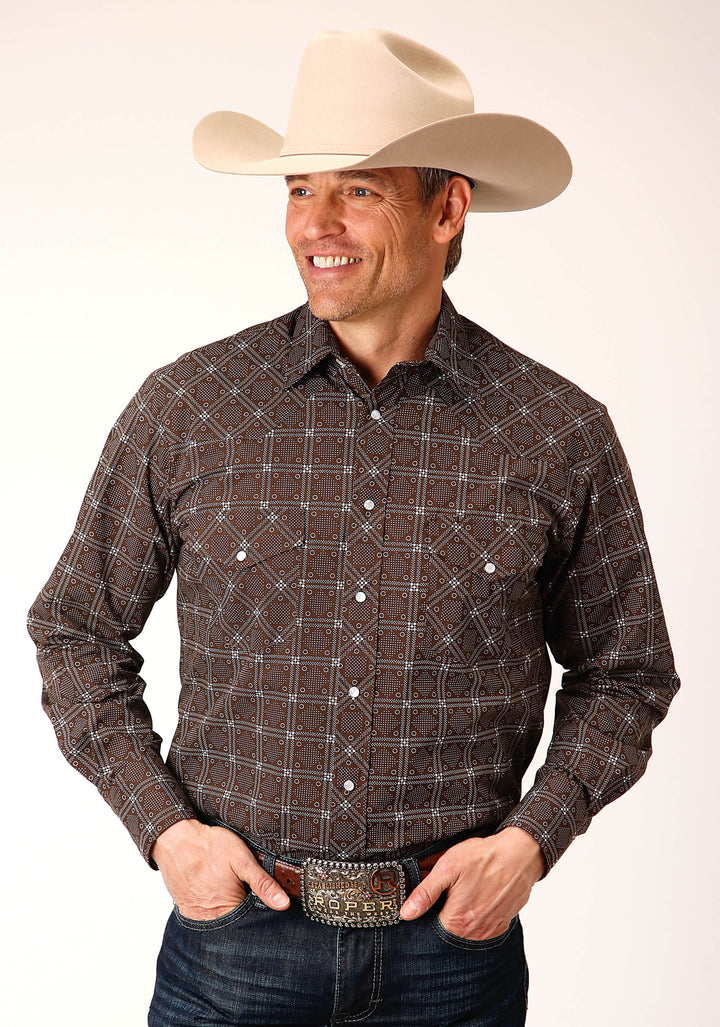 MENS LONG SLEEVE SNAP BROWN WHITE RETRO PRINT WESTERN SHIRT