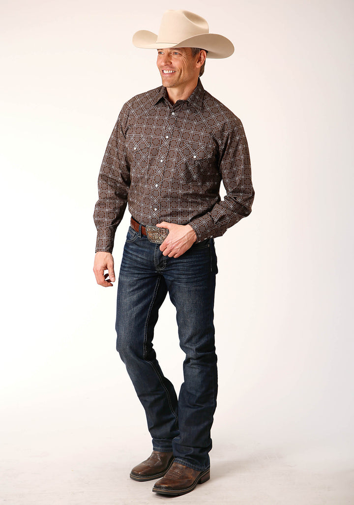 MENS LONG SLEEVE SNAP BROWN WHITE RETRO PRINT WESTERN SHIRT