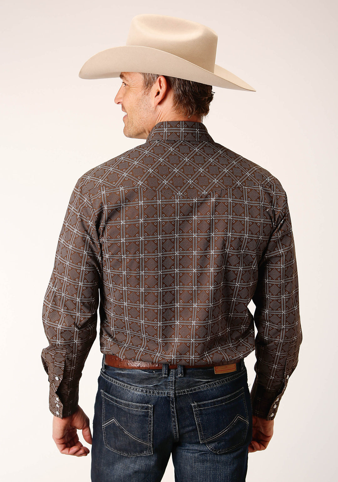 MENS LONG SLEEVE SNAP BROWN WHITE RETRO PRINT WESTERN SHIRT