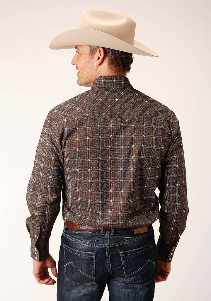 MENS LONG SLEEVE SNAP BROWN WHITE RETRO PRINT WESTERN SHIRT