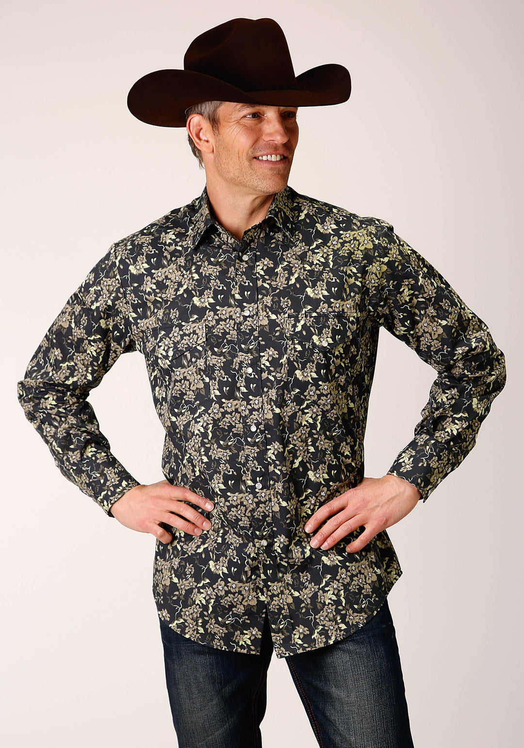 Mens Long Sleeve Snap Vintage Dark Floral Print Western Shirt
