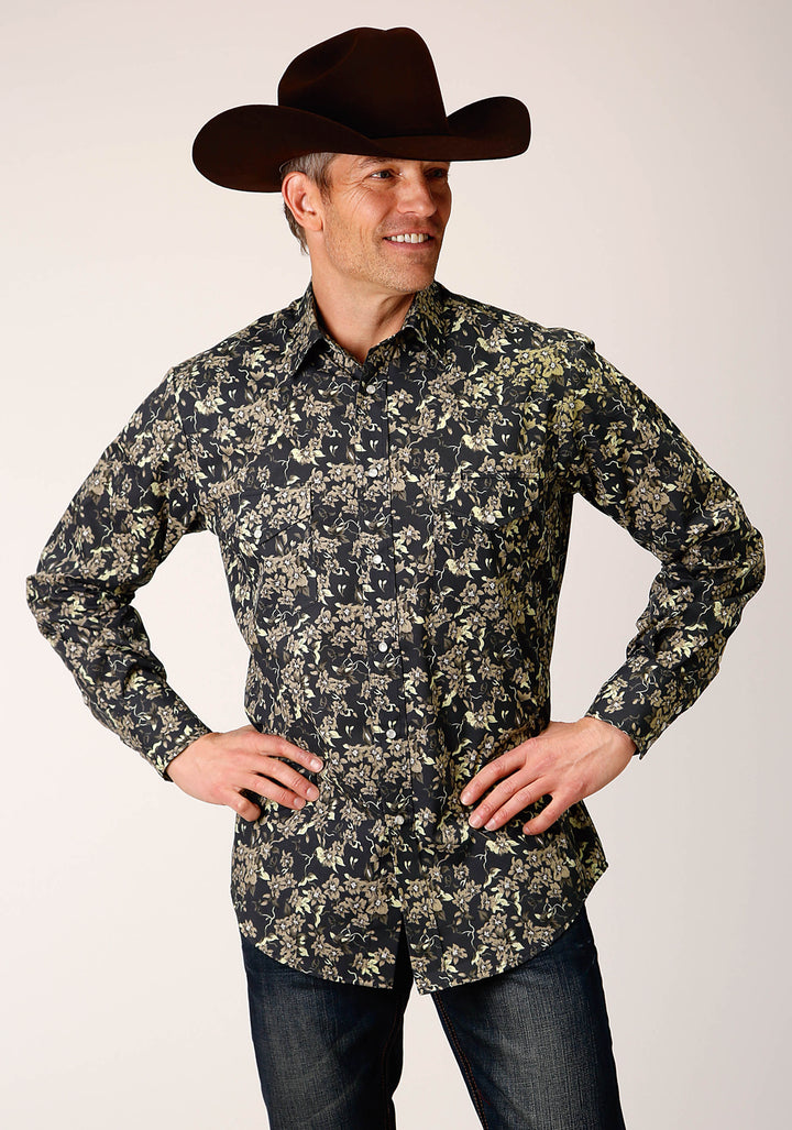 MENS LONG SLEEVE SNAP VINTAGE DARK FLORAL PRINT WESTERN SHIRT
