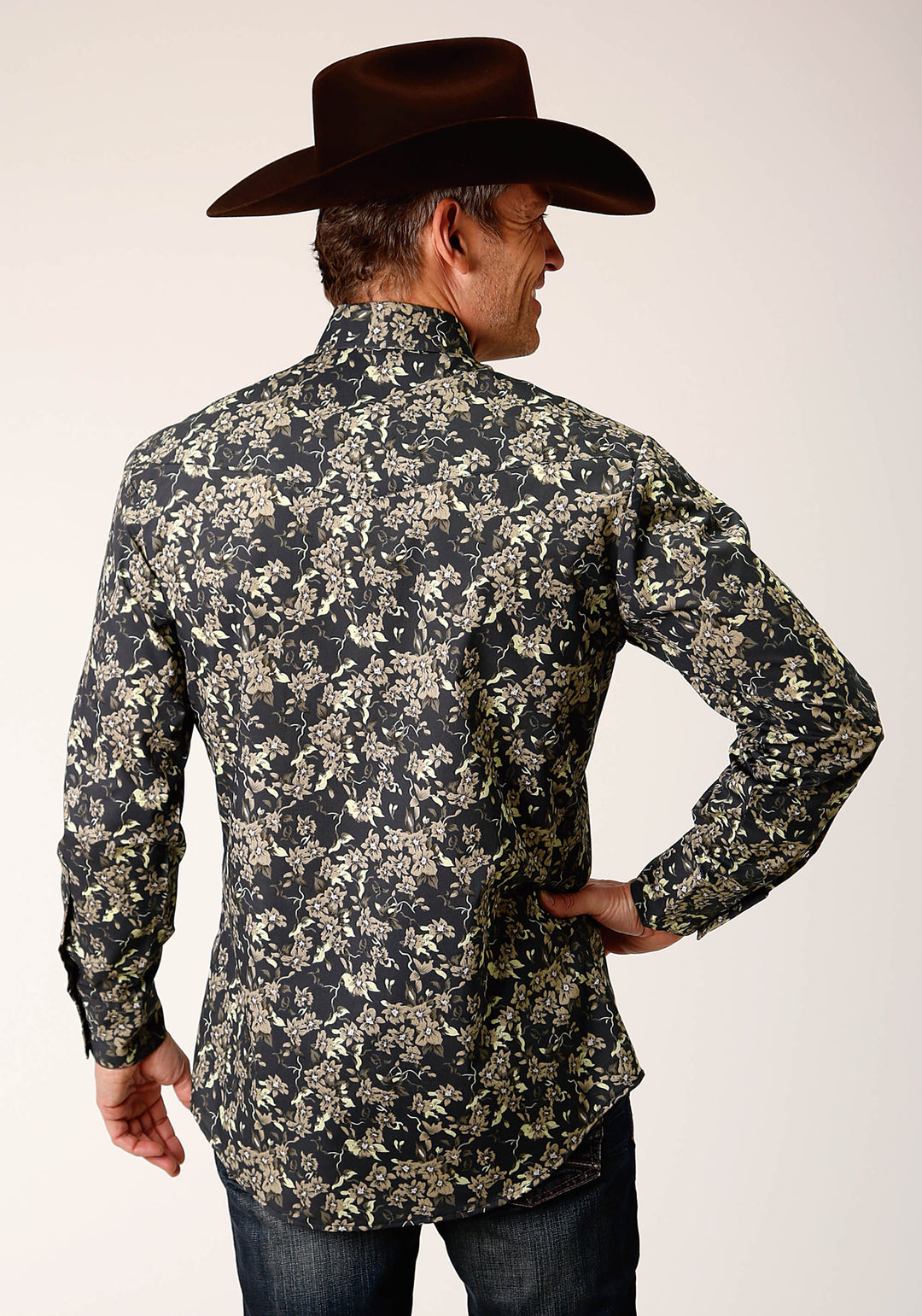 MENS LONG SLEEVE SNAP VINTAGE DARK FLORAL PRINT WESTERN SHIRT