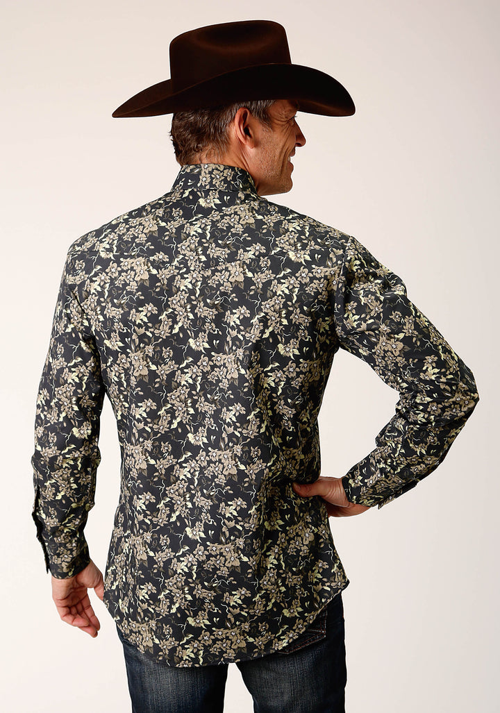 MENS LONG SLEEVE SNAP VINTAGE DARK FLORAL PRINT WESTERN SHIRT