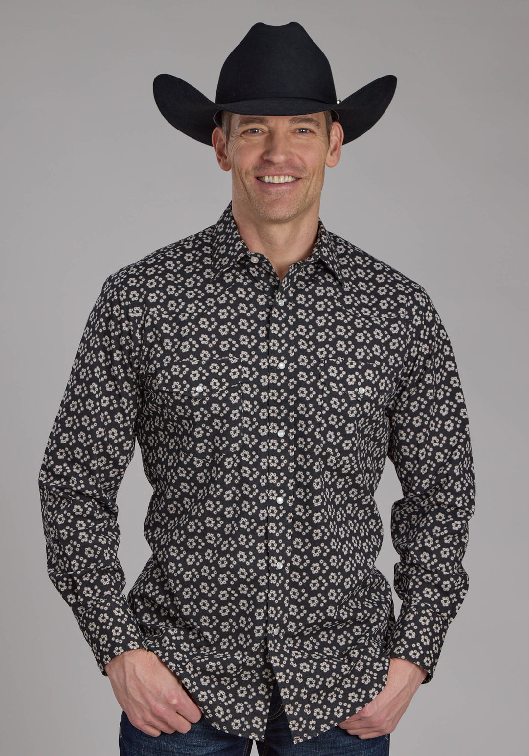 MENS BLACK AND CREAM FLORAL PRINT LONG SLEEVE SNAP WESTERN SHIRT