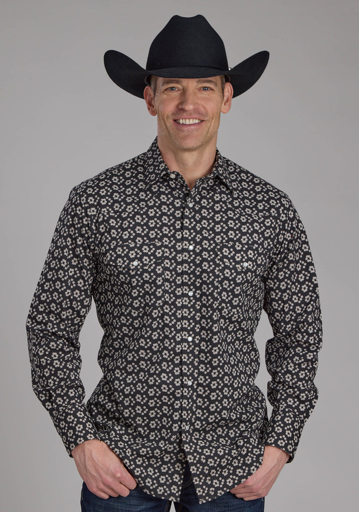 MENS BLACK AND CREAM FLORAL PRINT LONG SLEEVE SNAP WESTERN SHIRT