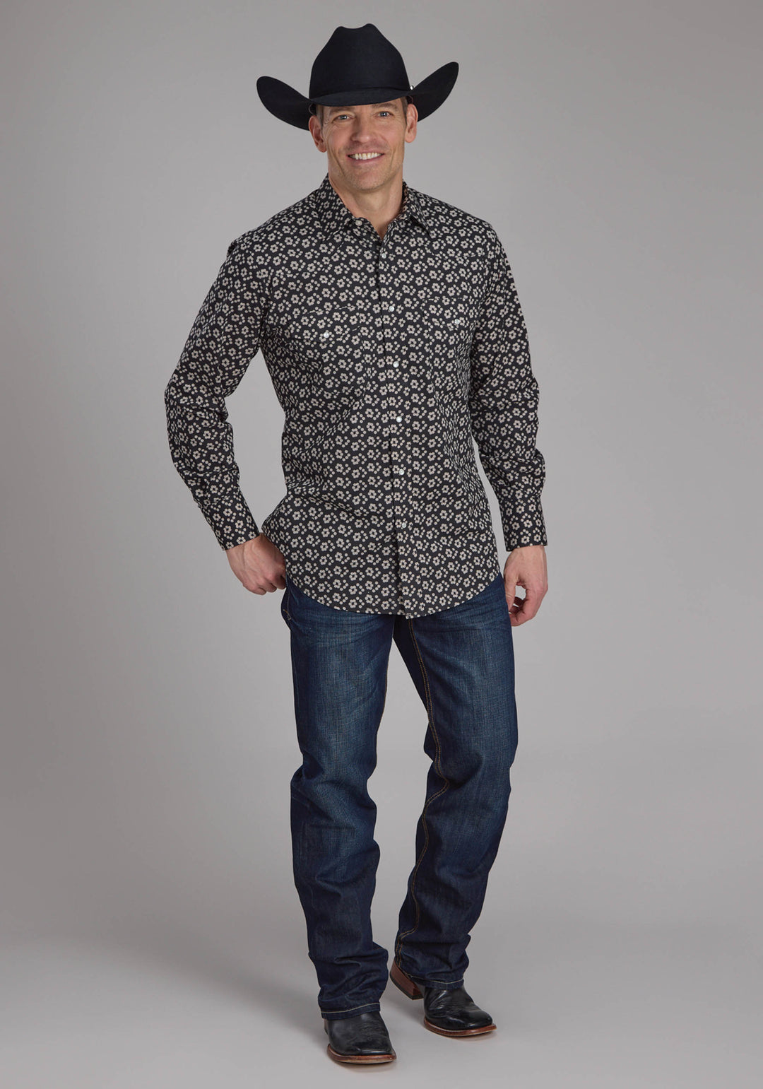 MENS BLACK AND CREAM FLORAL PRINT LONG SLEEVE SNAP WESTERN SHIRT