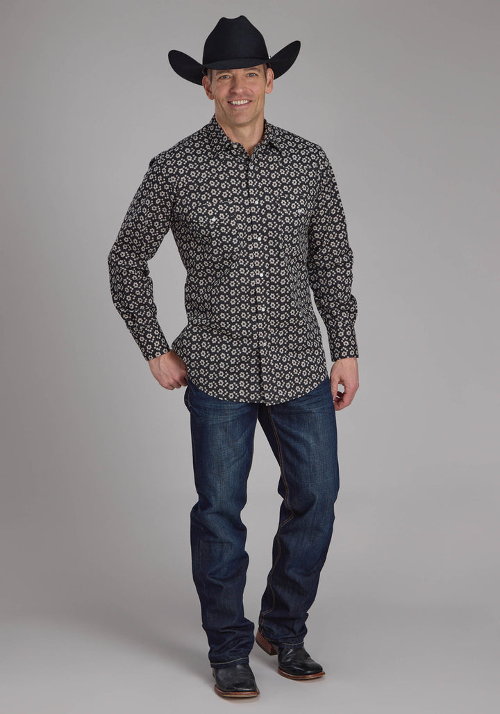 MENS BLACK AND CREAM FLORAL PRINT LONG SLEEVE SNAP WESTERN SHIRT