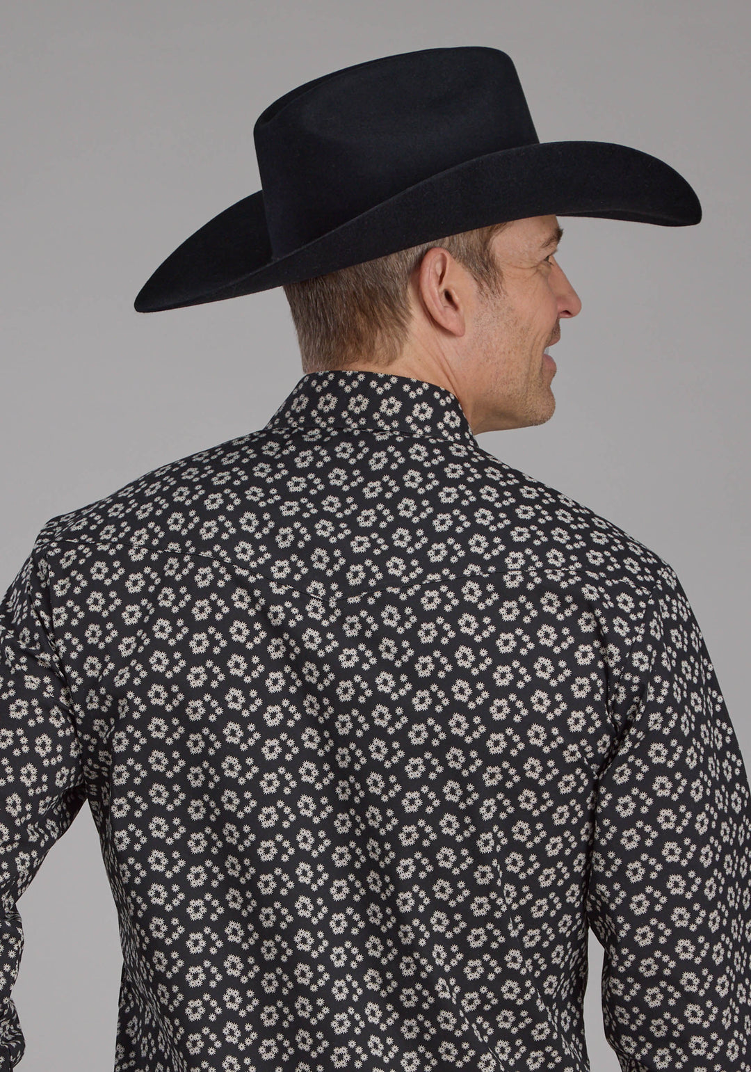 MENS BLACK AND CREAM FLORAL PRINT LONG SLEEVE SNAP WESTERN SHIRT