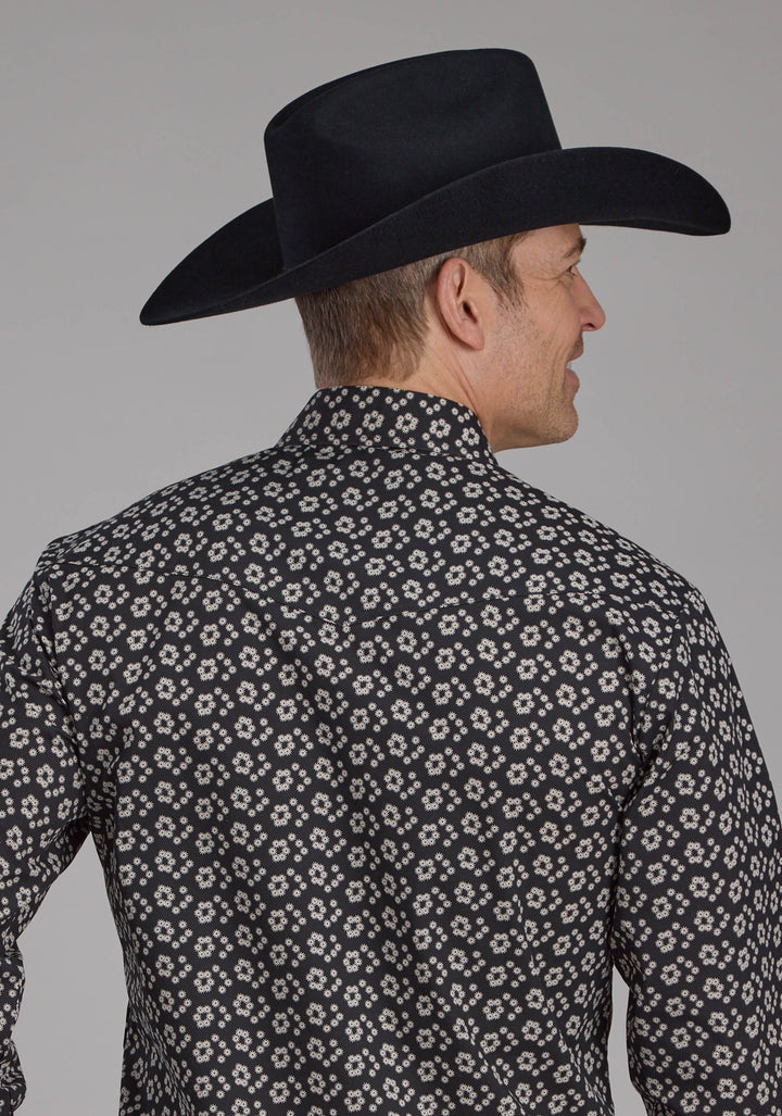 MENS BLACK AND CREAM FLORAL PRINT LONG SLEEVE SNAP WESTERN SHIRT