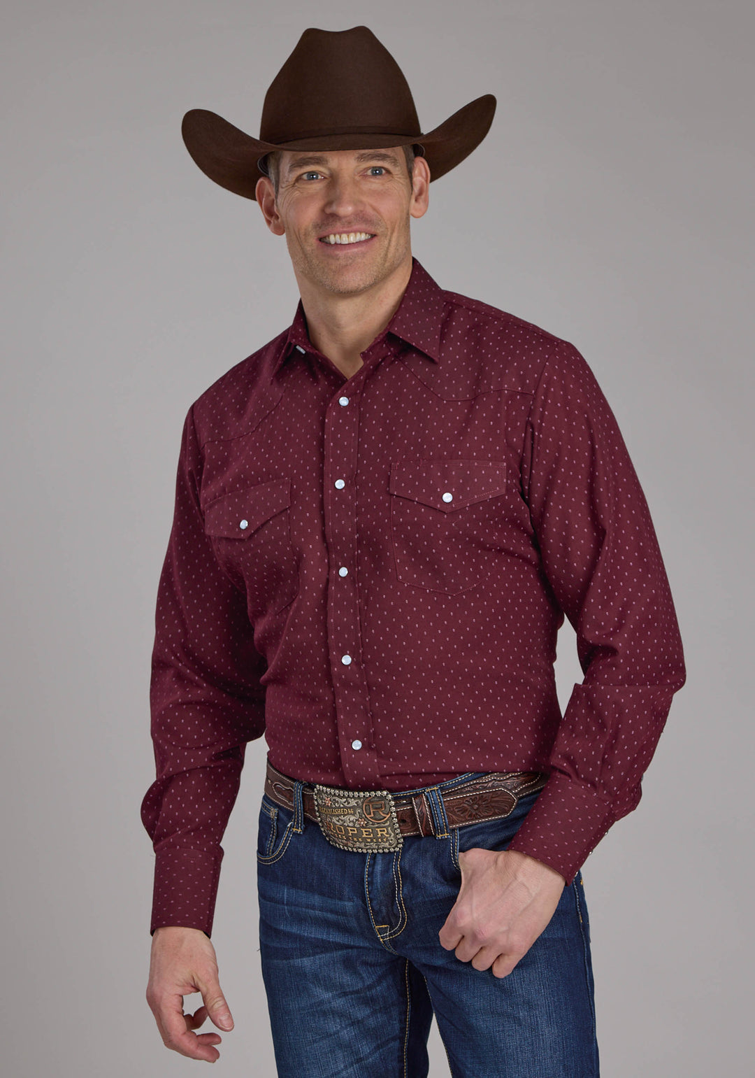 MENS WINE DOT PRINT LONG SLEEVE SNAP WESTERN SHIRT