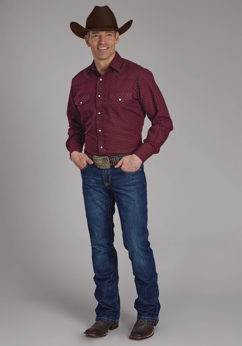 MENS WINE DOT PRINT LONG SLEEVE SNAP WESTERN SHIRT