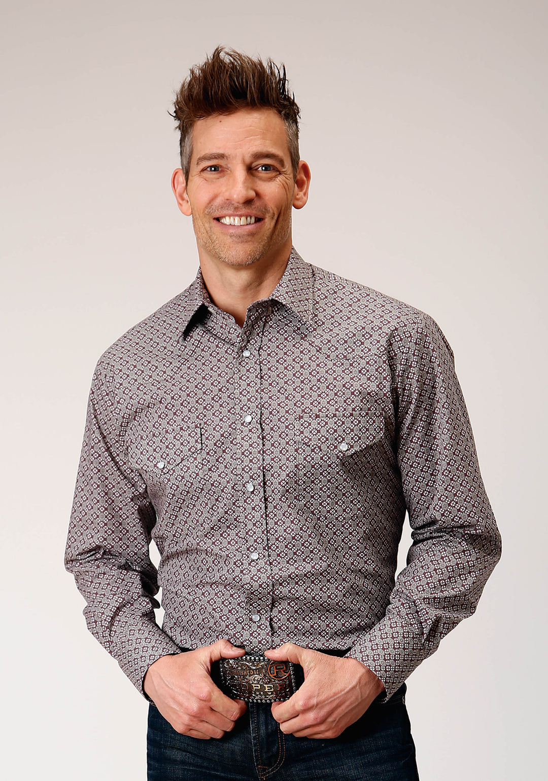 MENS LONG SLEEVE SNAP WINE TAUPE RETRO PRINT WESTERN SHIRT
