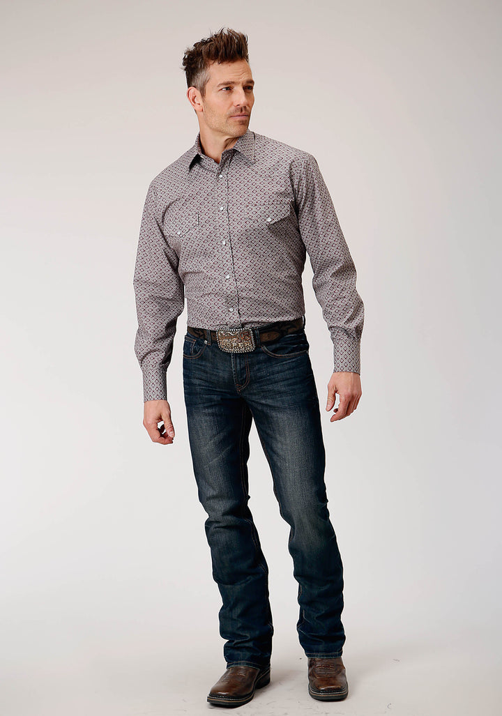 MENS LONG SLEEVE SNAP WINE TAUPE RETRO PRINT WESTERN SHIRT
