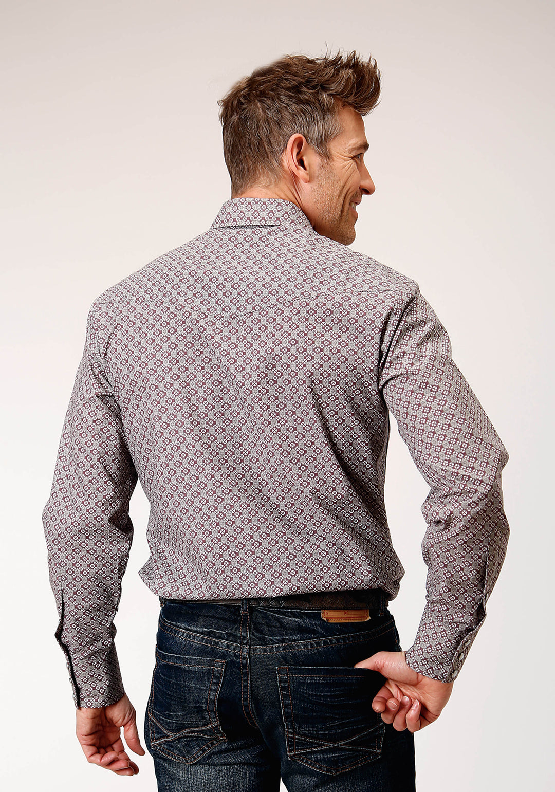 Mens Long Sleeve Snap Wine Taupe Retro Print Western Shirt M