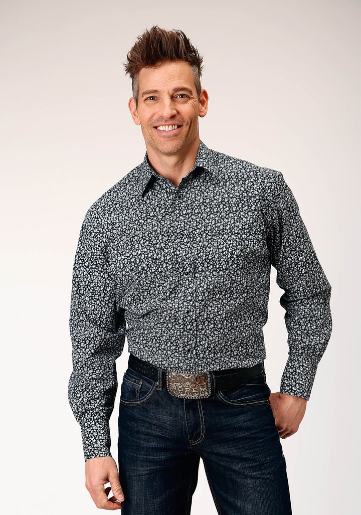 MENS LONG SLEEVE SNAP BLACK WHITE FLORAL PRINT WESTERN SHIRT