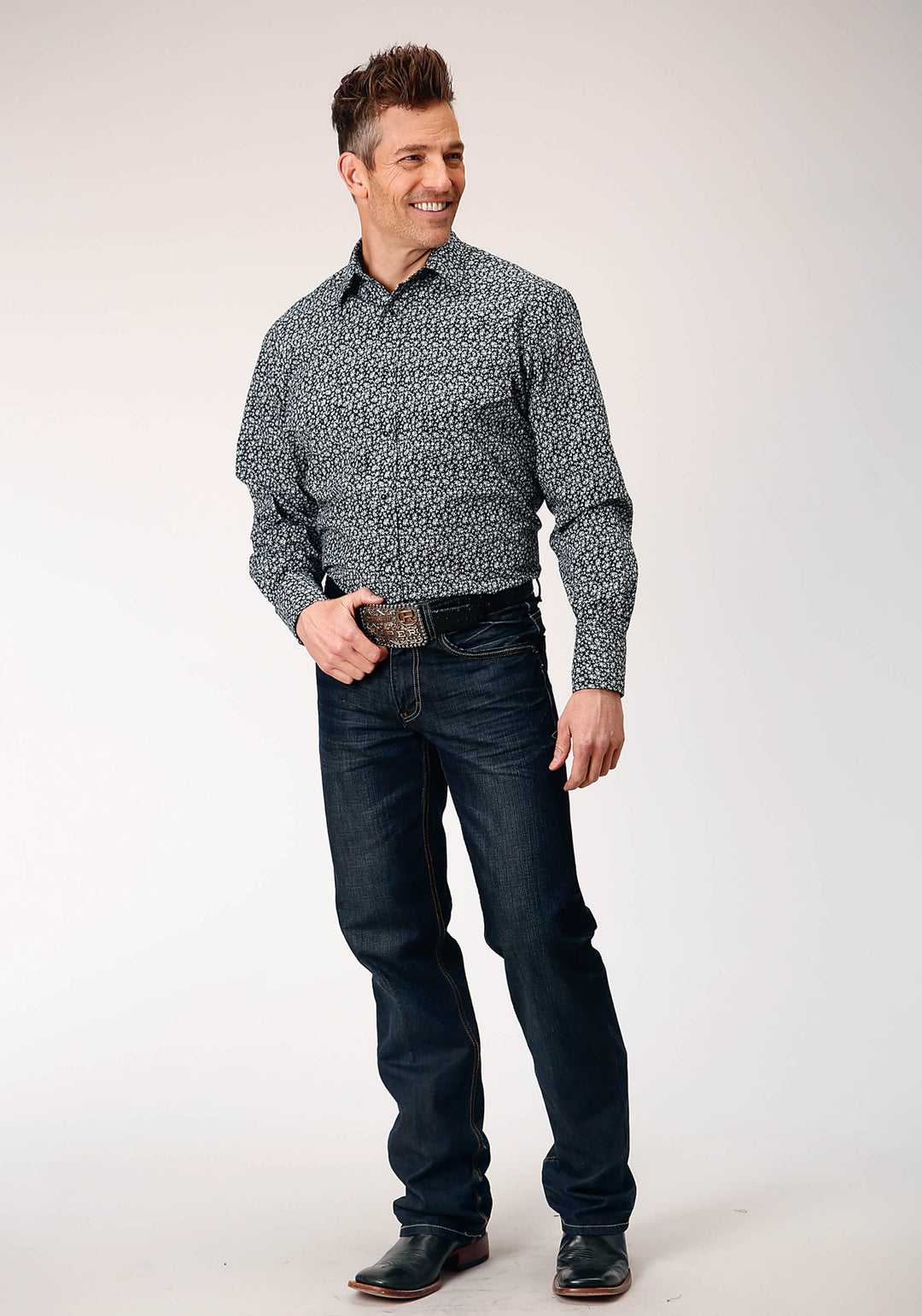 MENS LONG SLEEVE SNAP BLACK WHITE FLORAL PRINT WESTERN SHIRT
