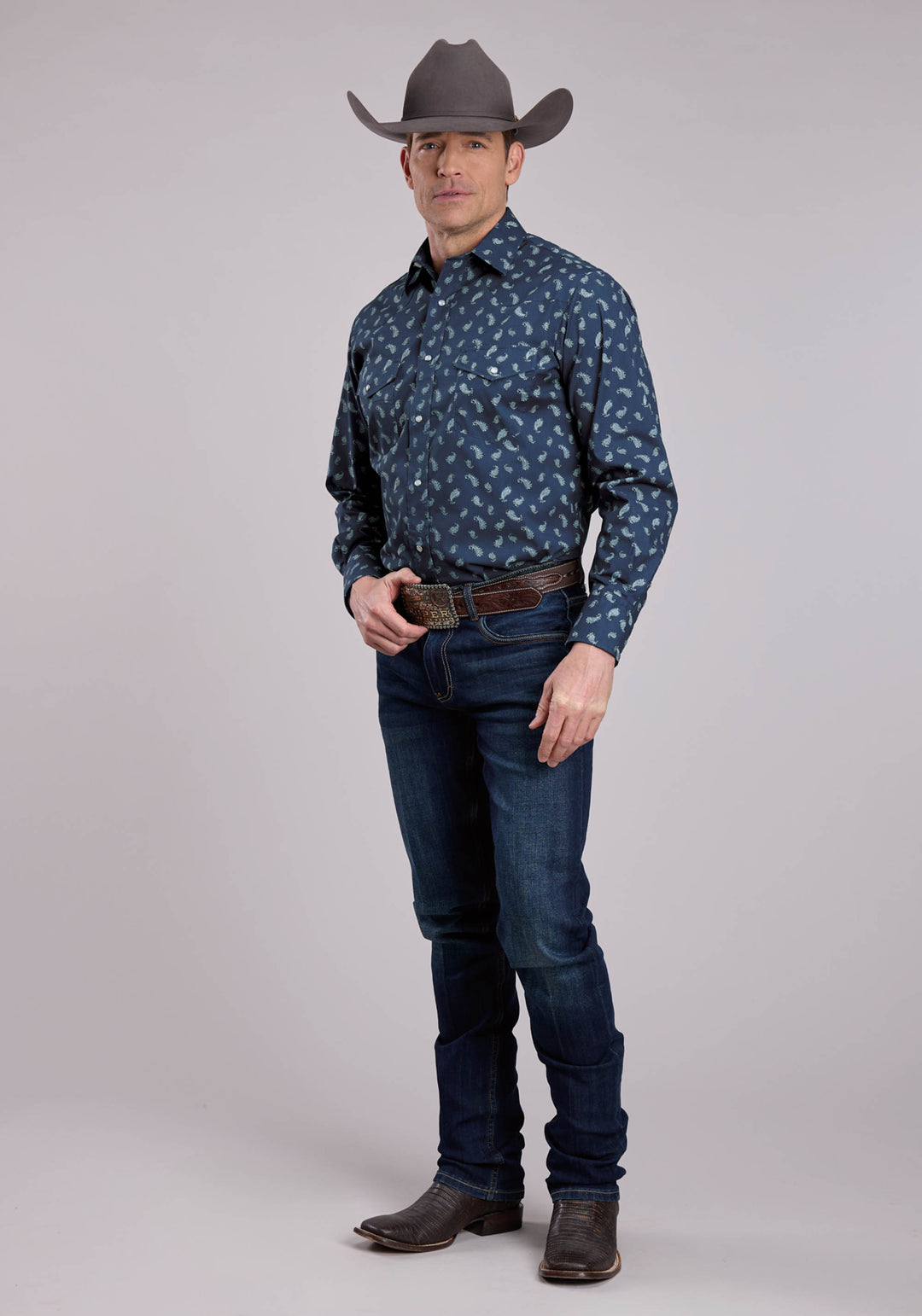 MENS LONG SLEEVE SNAP BLUE PAISLEY WESTERN SHIRT