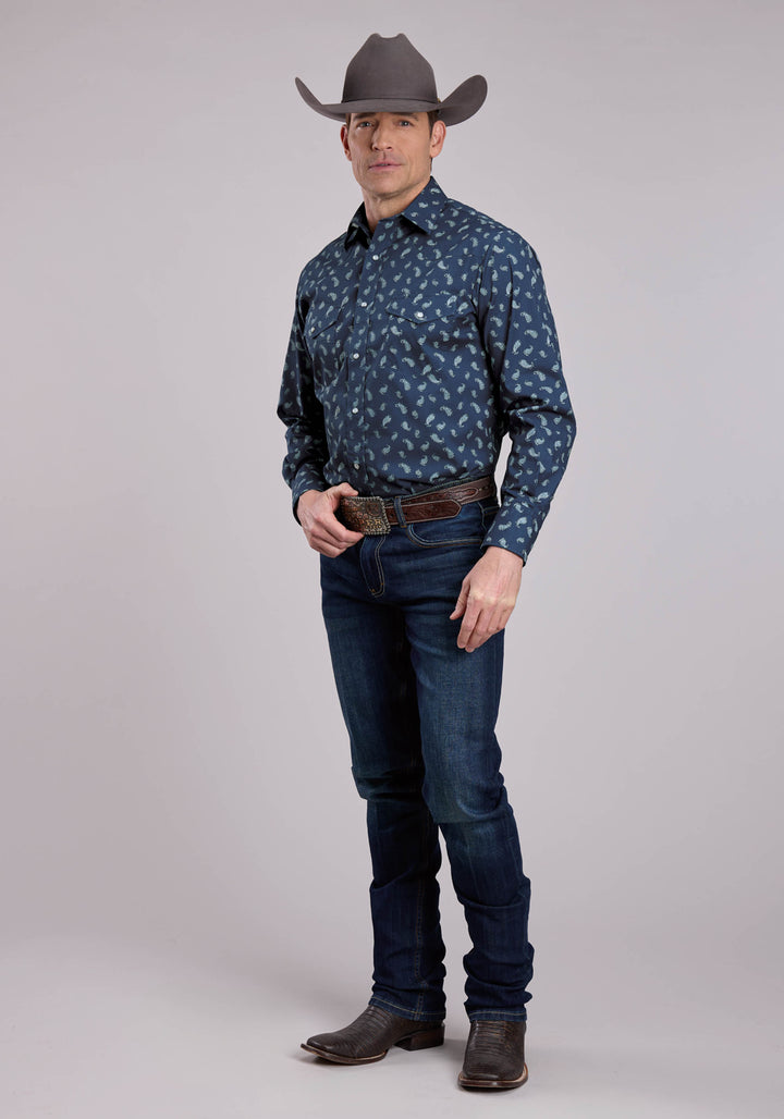 MENS LONG SLEEVE SNAP BLUE PAISLEY WESTERN SHIRT