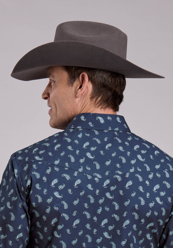 MENS LONG SLEEVE SNAP BLUE PAISLEY WESTERN SHIRT