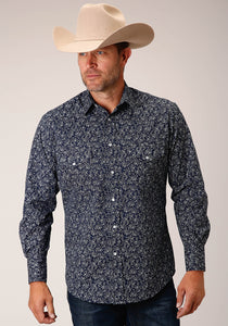 MENS LONG SLEEVE SNAP NAVY AND WHITE FLORAL PRINT WESTERN SHIRT