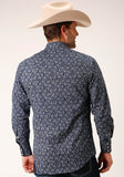 MENS LONG SLEEVE SNAP NAVY AND WHITE FLORAL PRINT WESTERN SHIRT