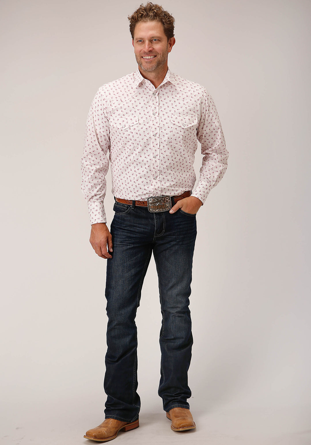MENS LONG SLEEVE SNAP WHITE AND RED FLORAL PRINT WESTERN SHIRT