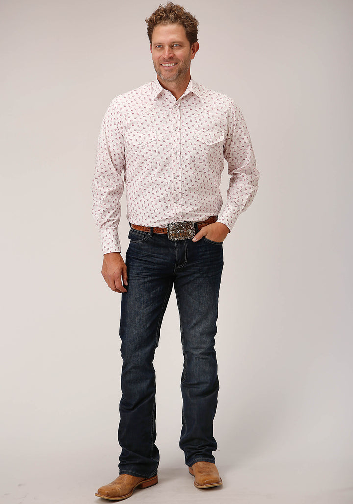 MENS LONG SLEEVE SNAP WHITE AND RED FLORAL PRINT WESTERN SHIRT