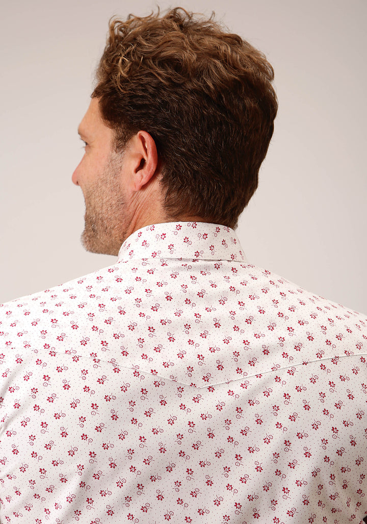 MENS LONG SLEEVE SNAP WHITE AND RED FLORAL PRINT WESTERN SHIRT