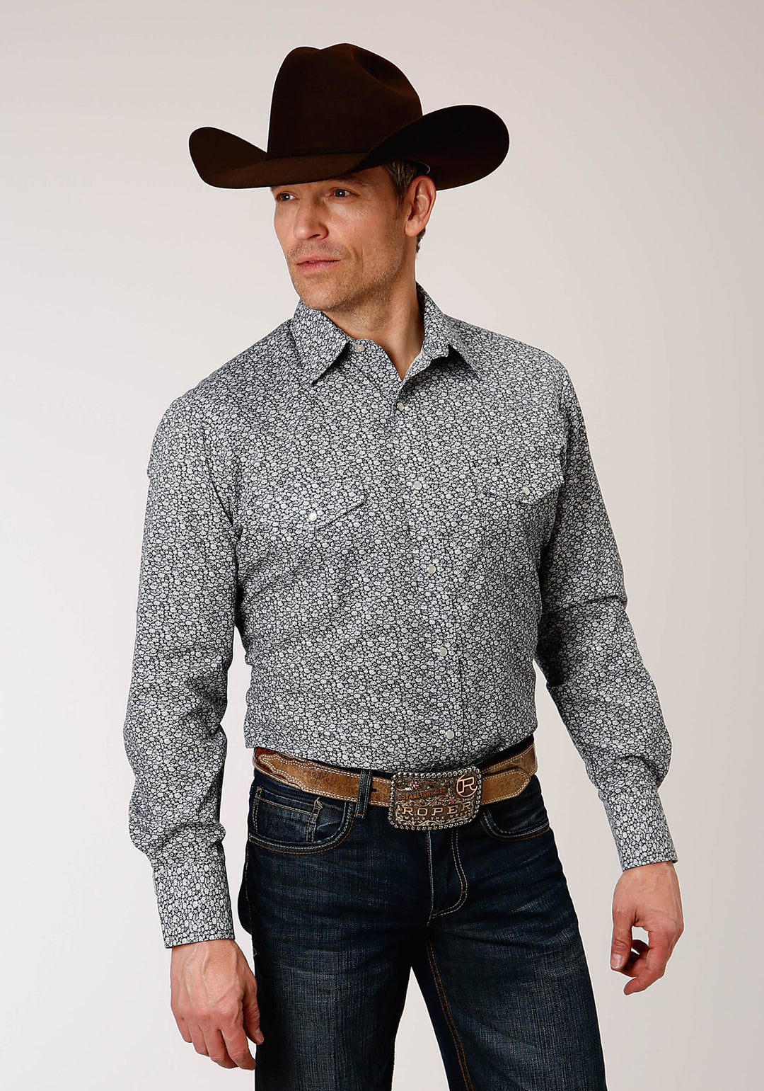 MENS LONG SLEEVE SNAP NAVY AND CREAM FLORAL PRINT WESTERN SHIRT