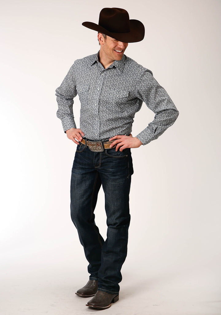 MENS LONG SLEEVE SNAP NAVY AND CREAM FLORAL PRINT WESTERN SHIRT