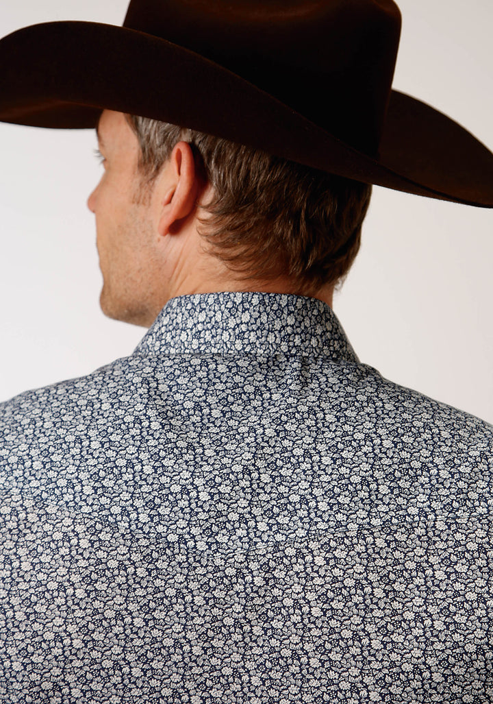 MENS LONG SLEEVE SNAP NAVY AND CREAM FLORAL PRINT WESTERN SHIRT