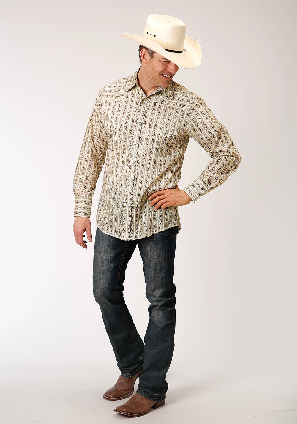 MENS LONG SLEEVE SNAP CREAM AND BROWN WALLPAPER STRIPE WESTERN SHIRT