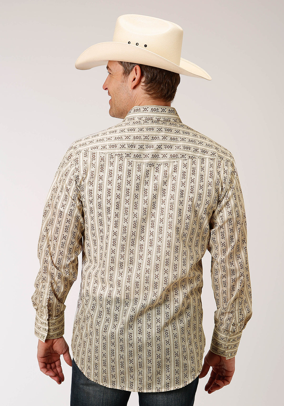 MENS LONG SLEEVE SNAP CREAM AND BROWN WALLPAPER STRIPE WESTERN SHIRT